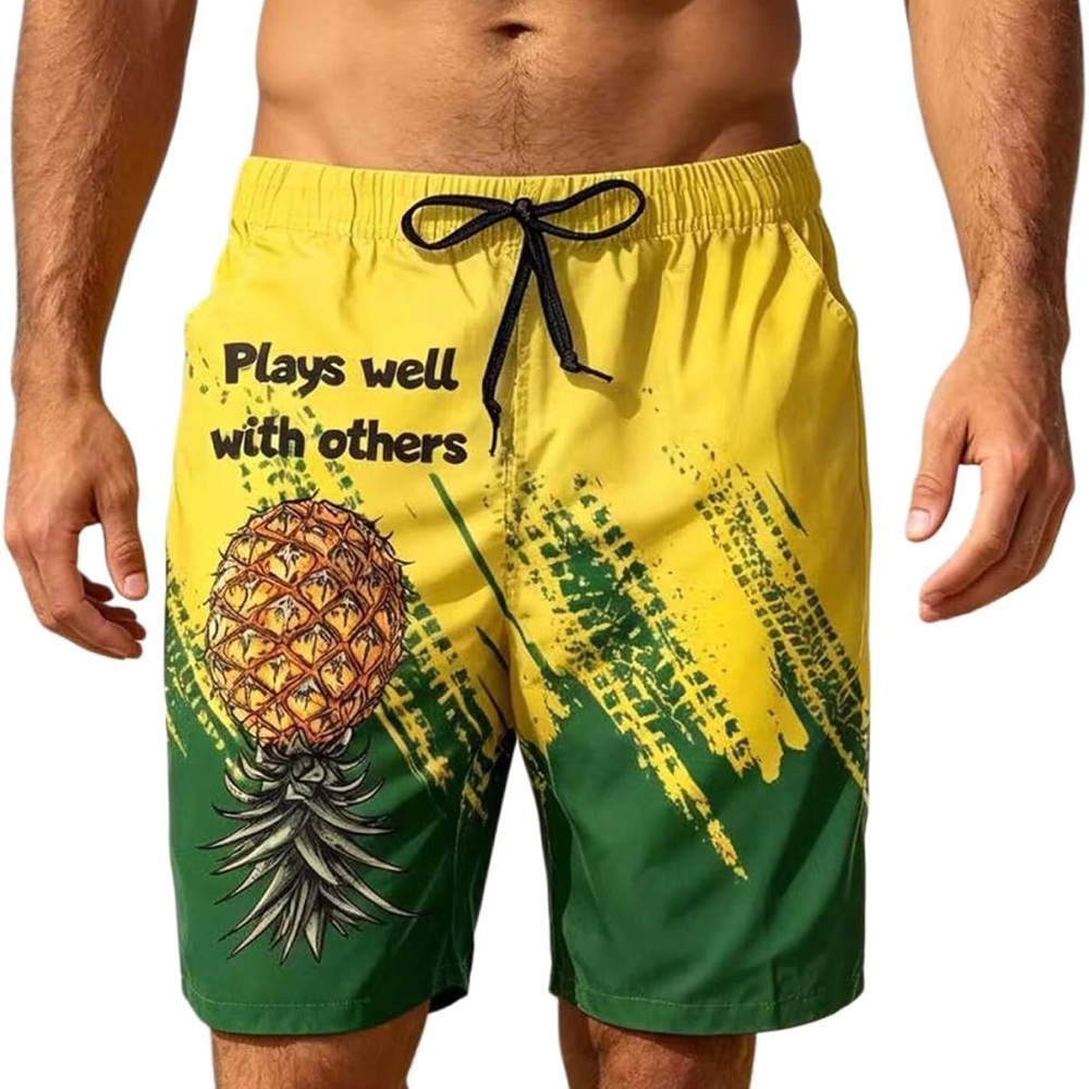 Men's Yellow & Green Pineapple Graphic Swim Board Shorts